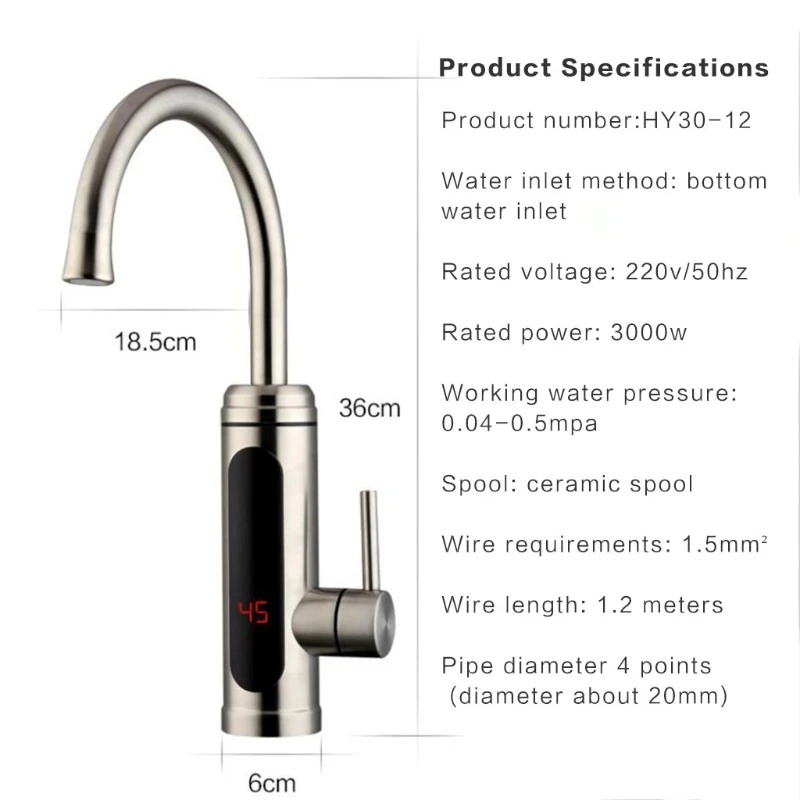

Electric Water Heater Temperature Display Kitchen Faucet 3000W With Leak Protection Hose