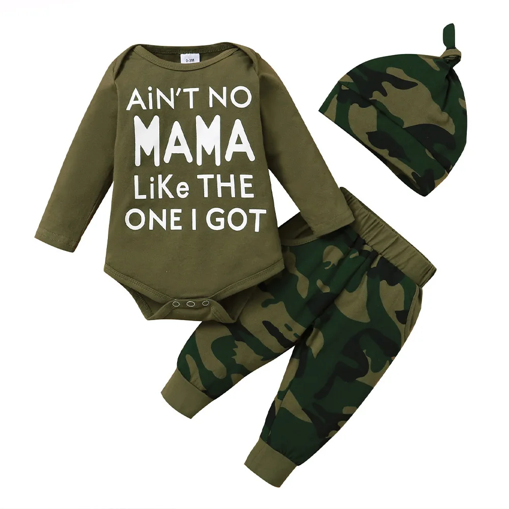 

3 Piece Set Newborn Baby Boys Camouflage Letter Print Hat Autumn Long Sleeve Casual Round Neck Elastic Waist Cotton Pullover