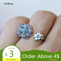 visisap flower shaped ring blue zircon white gold color rings for women sweet romantic birthday gift ring jewelry factory b2611