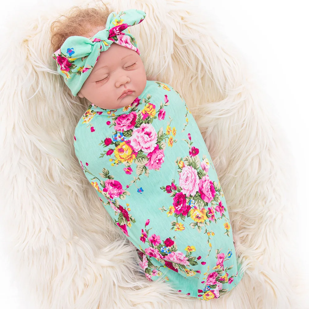 

Newborn Baby Casual Receiving Blanket Swaddling with Headbands Bright Floral Printed Baby Swaddle Wrap + Bow Headbands Set 2-Pcs