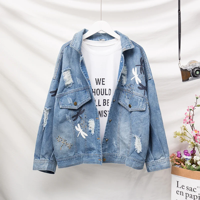 

Fall 2019 Big Size Female Wear Fat Sister Loose Slim Fashion Decorated Jean Jacket