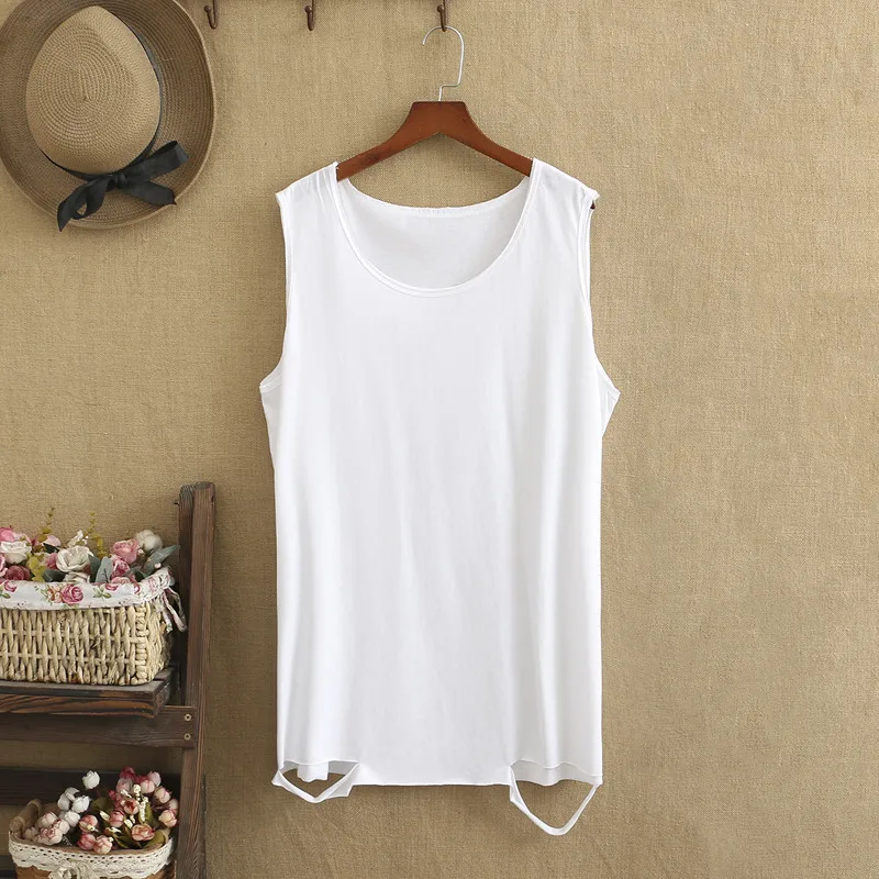 

Plus Size Vest For Women 4XL 5XL 6XL Sleeveless Shirt Elastic Knitted Cotton Medium And Long Irregular Hole In Hem Undershirt