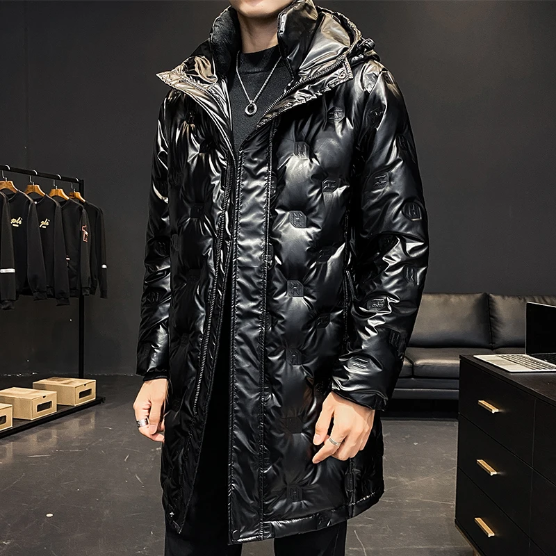 Winter men's hooded bright down jacket thick and warm long 50 white duck down cold  men's winter clothing