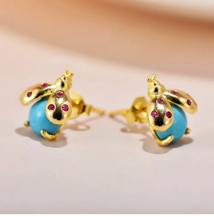 Серьги гвоздики в виде божьей коровки из серебра 925 пробы|Серьги-гвоздики| |