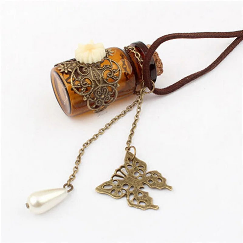 Retro Cork Wishing Bottle Sweater Chain Carved Long Leather Cord Necklaces Pendants Vintage Butterfly Flower Pendant | Дом и сад