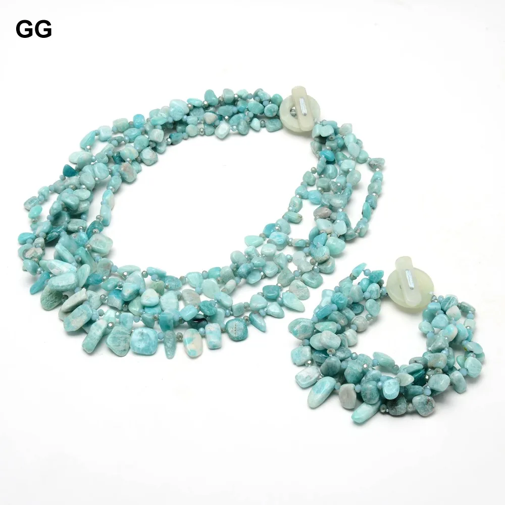

GG Jewelry 20" 5 Strands Natural Gems Blue Amazonite Top-drilled Fancy Polished Necklace Bracelet Sets Handmade Cute For Women