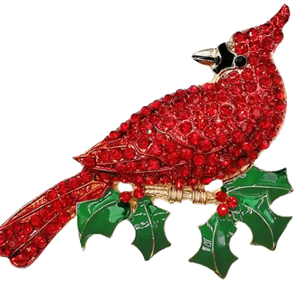

100pcs/lot 90mm Womens Red Orange Rhinestone Cardinal Bird Crystal Pin Christmas Brooch