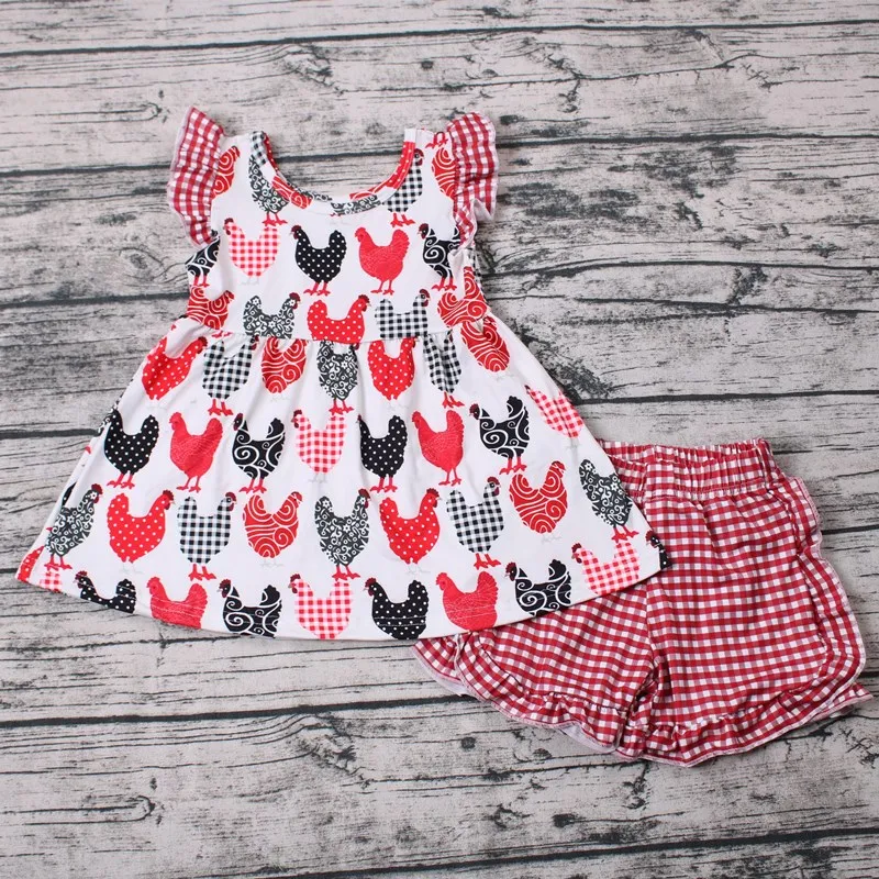 

Лидер продаж, 2 шт., платье с красочным подолом с мультяшным рисунком фермы, рубашка и шорты в клетку, милые наряды для маленьких девочек