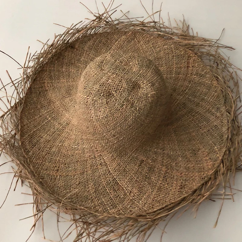 

2021New Handmade Women Straw Sun Hat Large Wide Brim Girl High Quality Natural Raffia Panama Beach Straw Sun Caps For Holiday