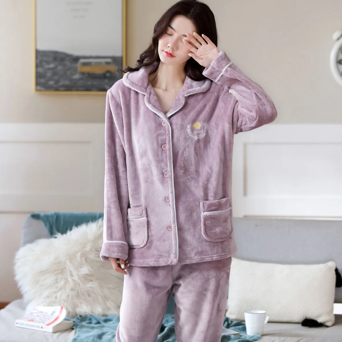 Женские пижамные комплекты пижама с принтом карандаш отложным воротником