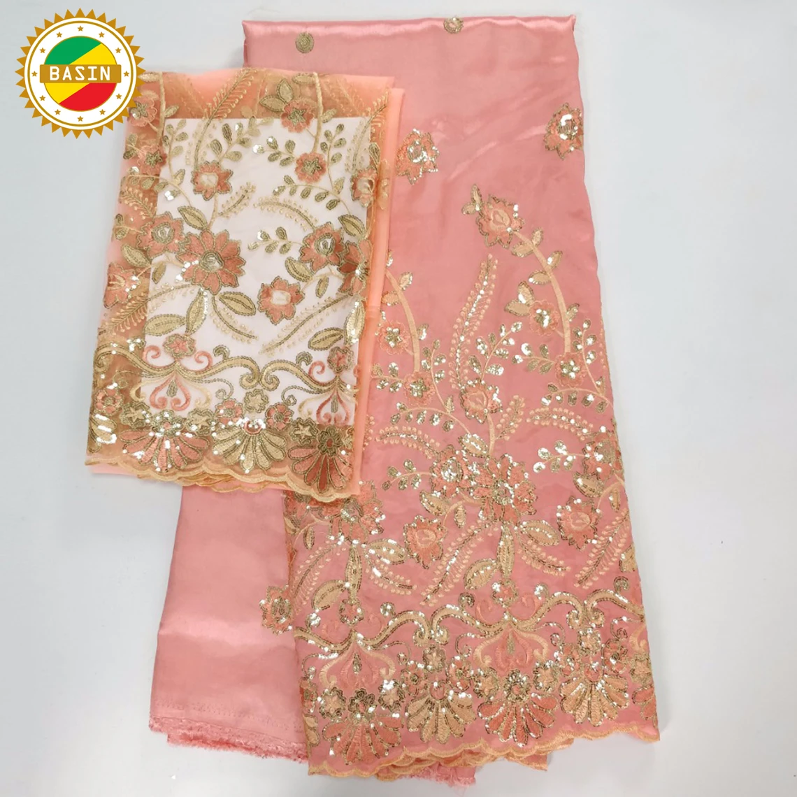 

Peach Sequined George Lace Fabric With Net Lace 5 + 2 Yards Set For Women Wedding Dress Fabrics Green George Silk Lace Fabrics