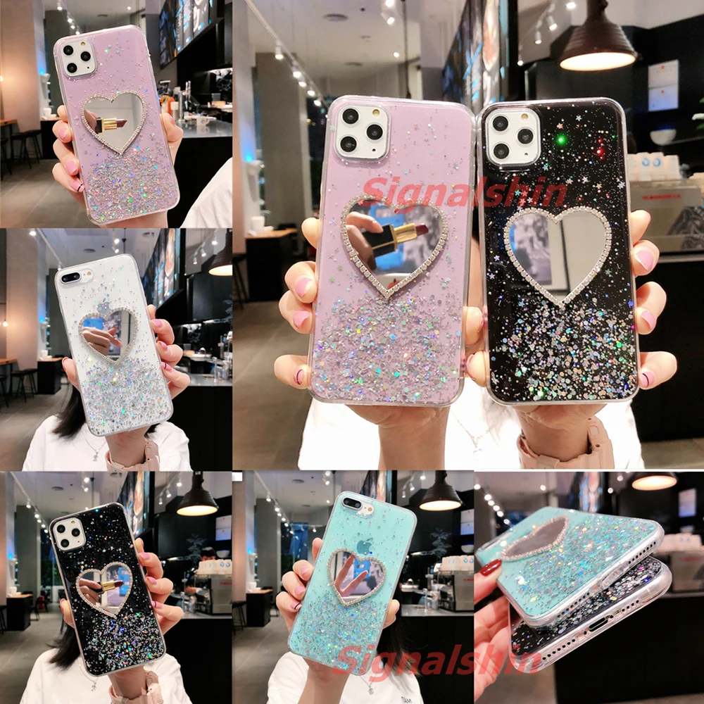 Signalshin Блеск Алмазный в форме сердца зеркальный чехол для телефона iPhone 12 Мини SE XR XS