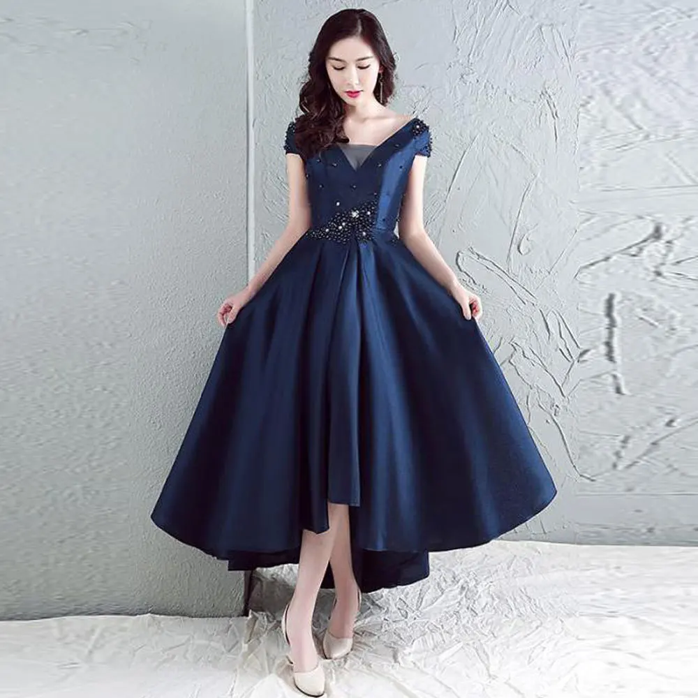 

V-Neck A-line Dark Navy Hi-Lo Beading Poretrait Banbage Sleeveless Evening Dresses high quality Fashion 2021 Exquisite