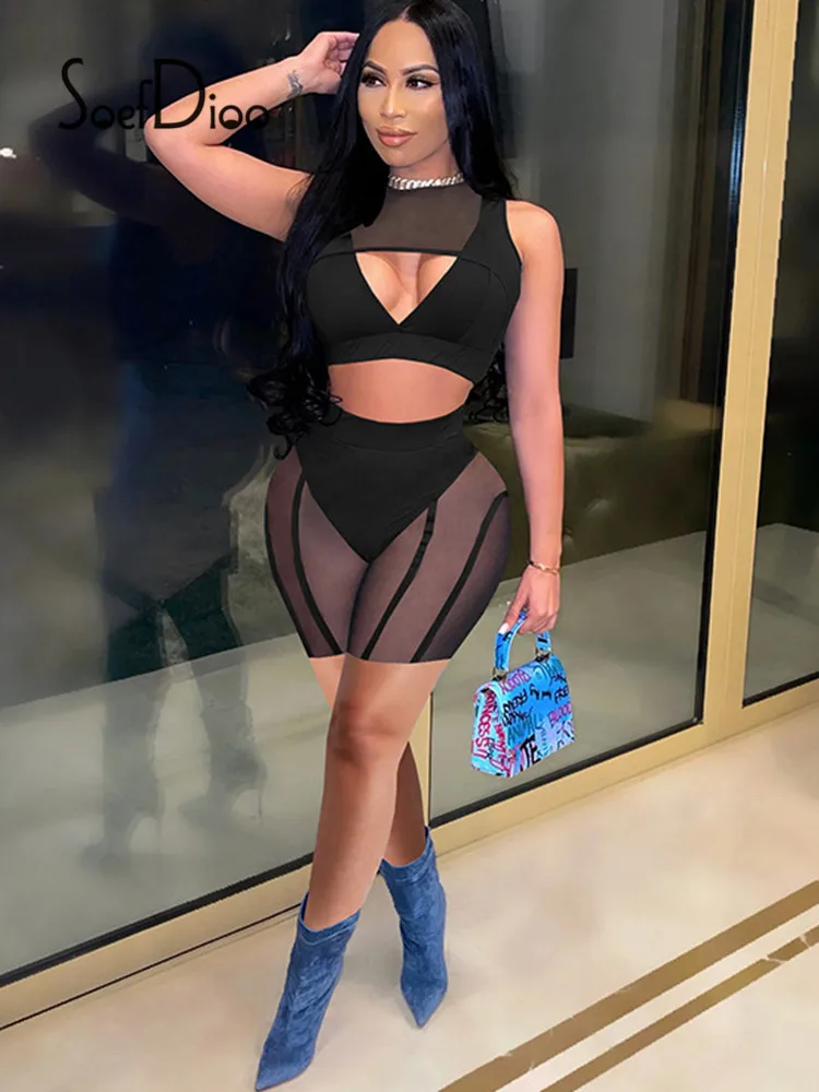 

Soefdioo Mesh Patchwork Crop Top and Shorts 2 Piece Sets Women Casual Sport Outfits Summer 2021 Fitness Tracksuits Sexy Clubwear