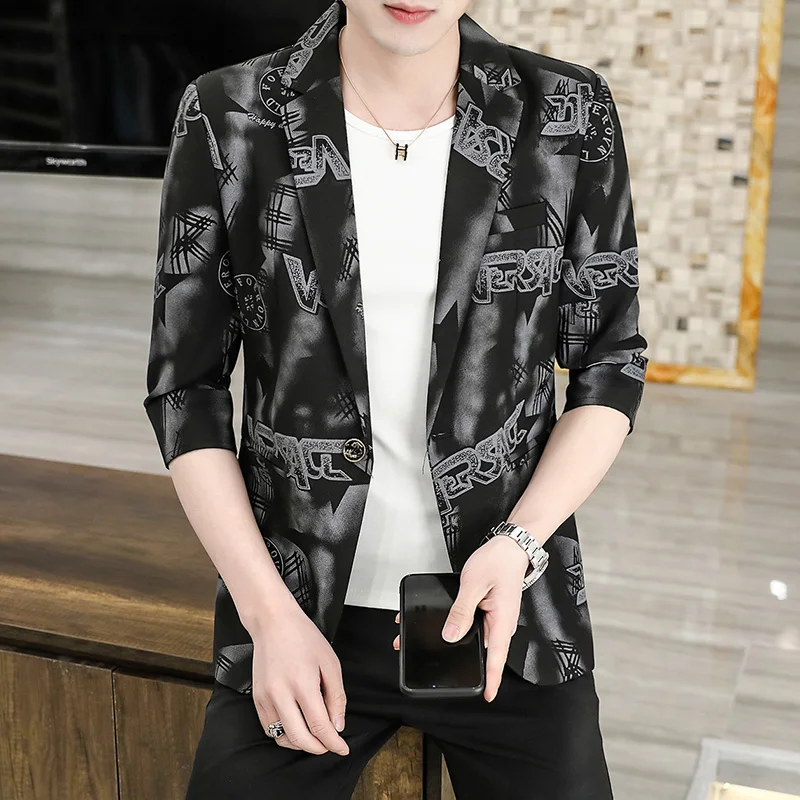 

Summer Men Blazers Jacket 3/4 Sleeve Wedding Business Blazer Slim Fit Masculine Street Wear Social Casual Dress Coat Veste Homme
