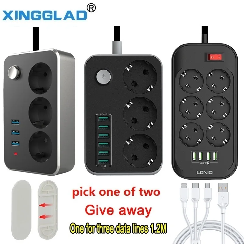 

Power Strip Socket EU Plug USB 3.4A Fast Charging Port 2M Extension Cord Outlet Adapter Surge Protector Network Filter Household