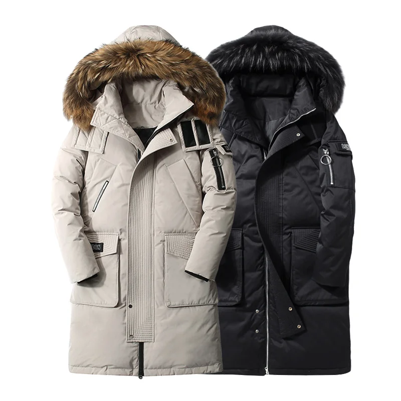 

Men Long Down Parkas Warm Big Fur Collar Windproof Detachable Hat Jacket Fashion Hooded Zipper Outerwear Male Snow Overcoat 2021