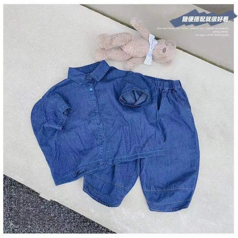 

Baby Girls Clothing Sets 2021 New Summer Kids Fashion Denim Suits Solid Lapel Denim Shirts Pants 2pcs Sets for Girl Baby Clothes