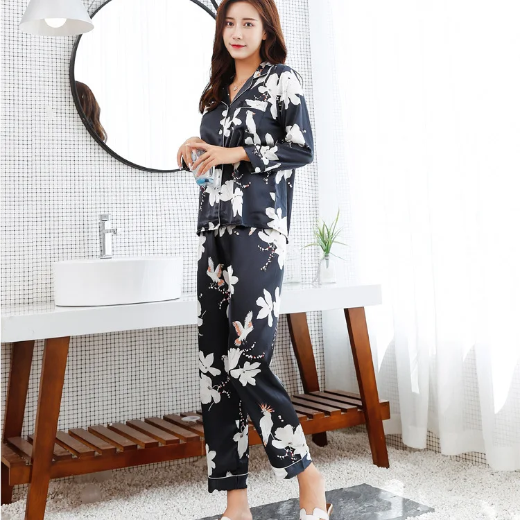 Пижама на осень и зиму атласная пижама шелковые пижамы с длинным рукавом