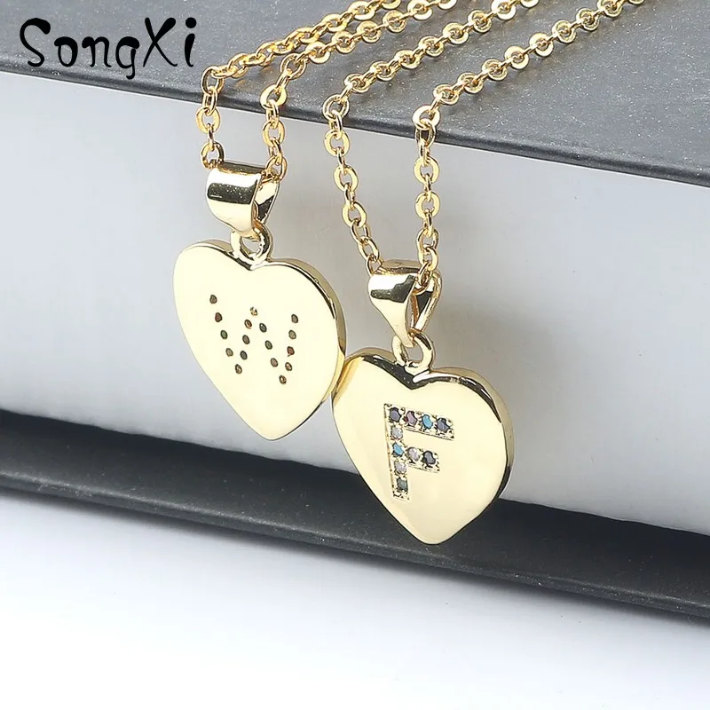 Women Girls Initial Letter Heart Shape Necklace Gold Color 26 Letters Necklaces Pendants Copper CZ Alphabet Jewelry | Украшения и