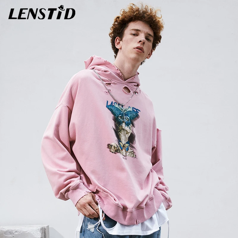Мужская толстовка в стиле хип хоп LENSTID хлопковая с капюшоном и принтом бабочки