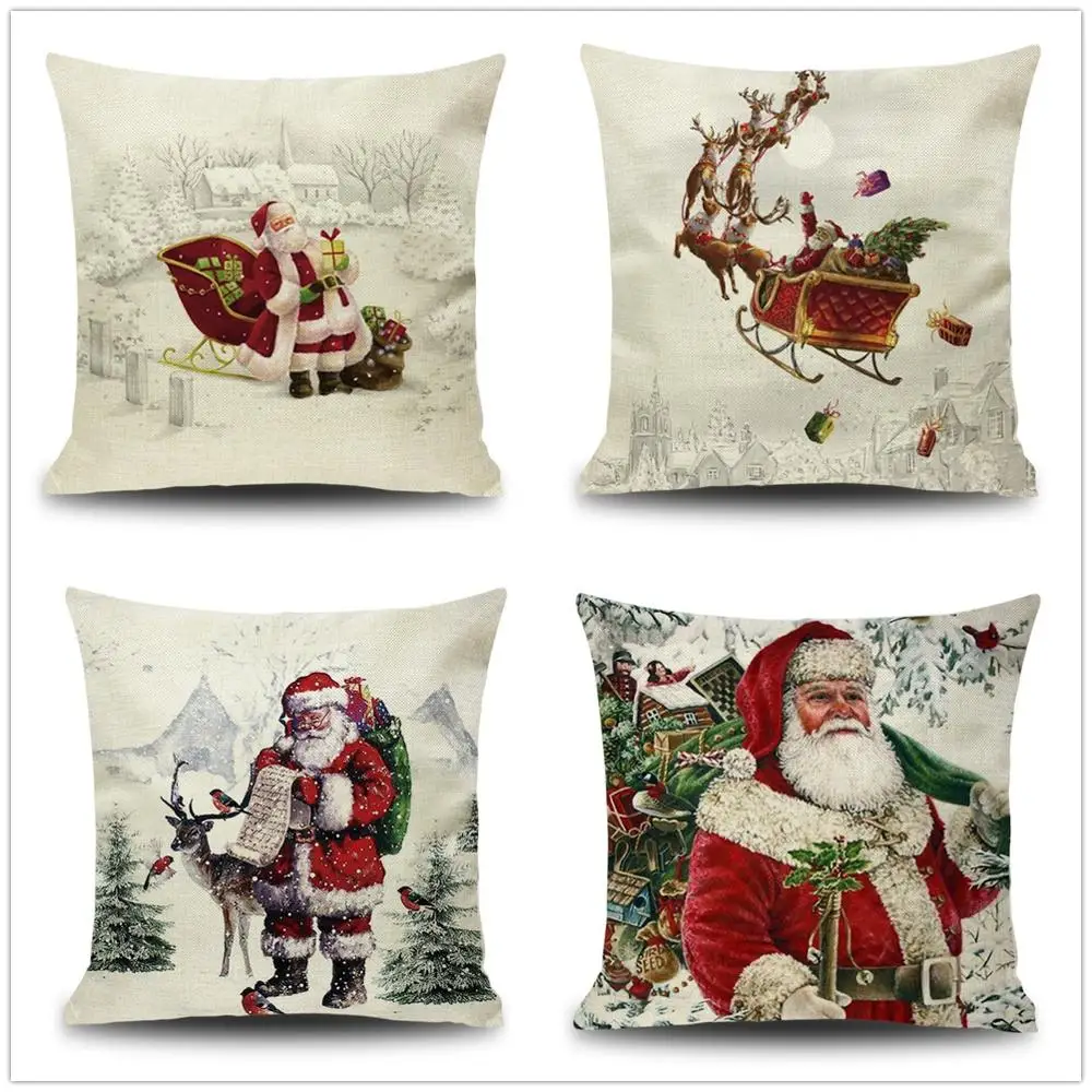 Наволочка из хлопка и льна 45*45 см с рождественским оленем подарки наволочка для