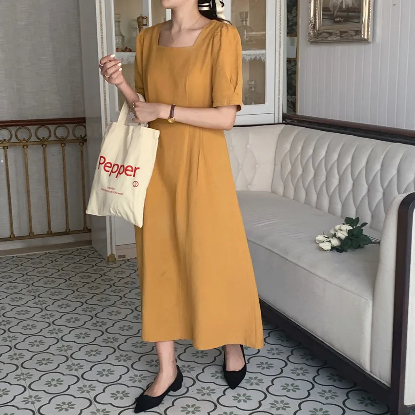 

ZCSMLL Korean Summer Slimming Square Collar Vestido Pleated Lace-up Waist Short-sleeved loose Dress Women 2021 Tide