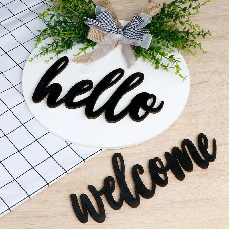 

Сменный знак приветствия, украшение для входной двери, деревенский деревянный знак Hello Sign, висячий венок для входной двери с клетчатым банто...