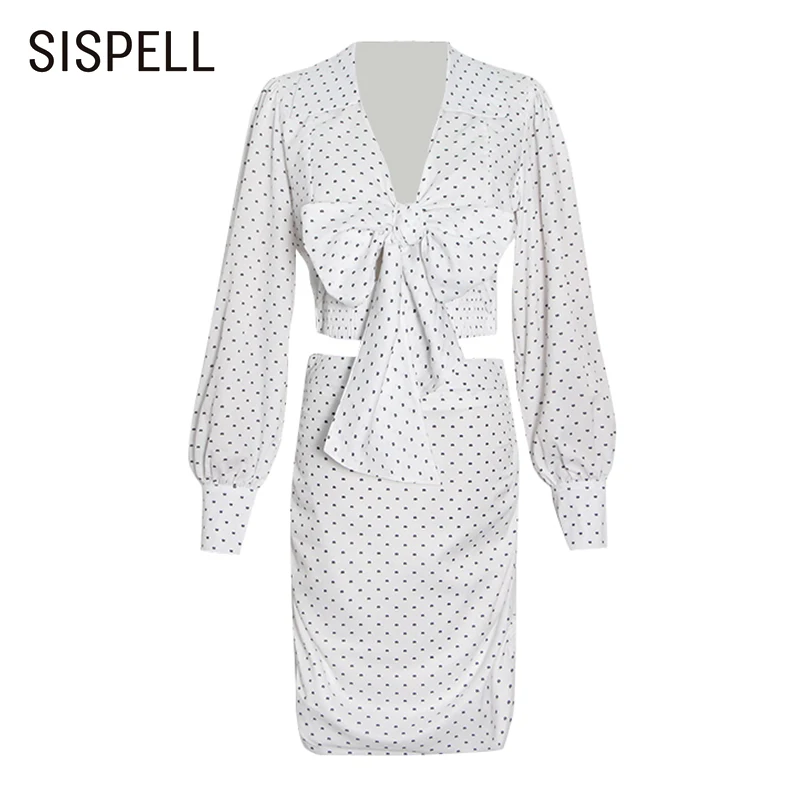 

SISPELL Elegant Dot Two Piece Set For Women V Neck Long Sleeve Lace Up Shirt A Line Skirt Female Sets 2020 Fashion Clothing