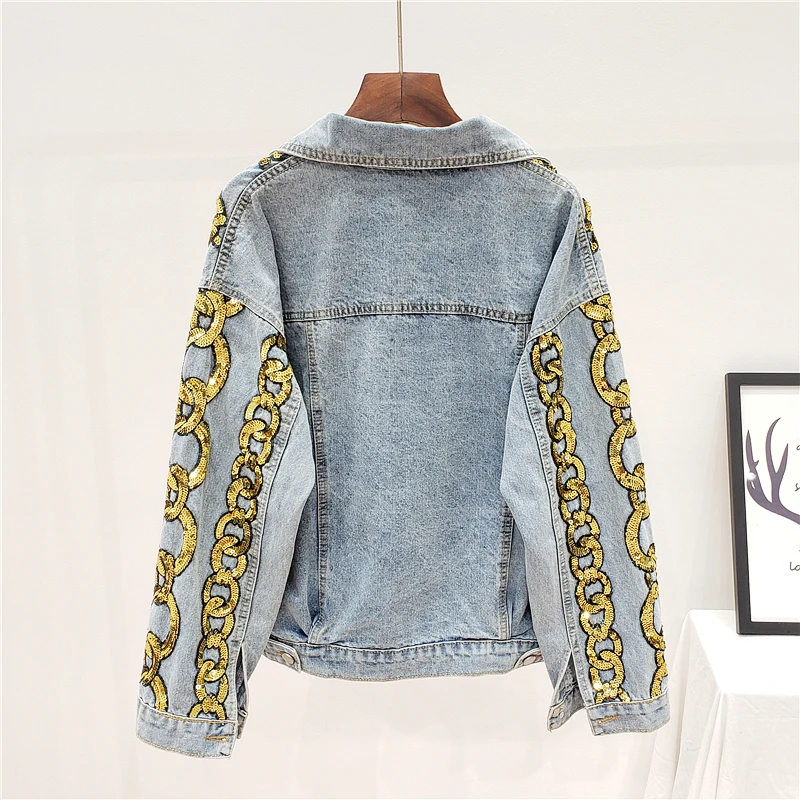 Весна Осень шикарная золотая цепочка с блестками Джинсовая куртка для женщин