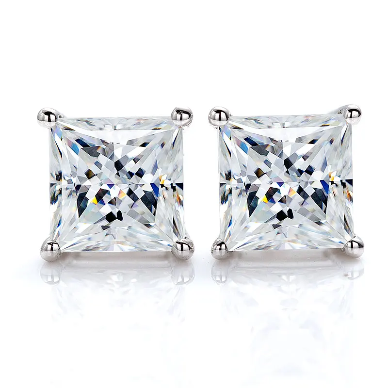 

925 Sterling Silver1 Pair Four Prongs D VVS1 EX Princess Cut Earring Professional Moissanite Jewelry Factory Supplier