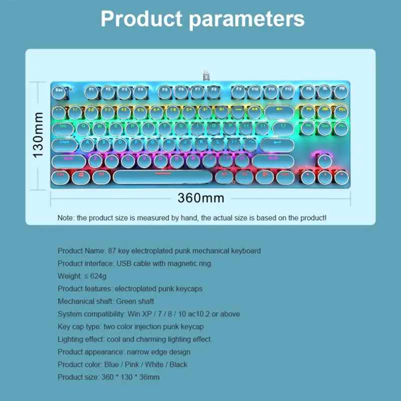 

K870 Colorful RGB 87 Keys Wired Mechanical Keyboard Punk Round Key Cap Axis Waterproof Backlight Keyboard for Gaming Office
