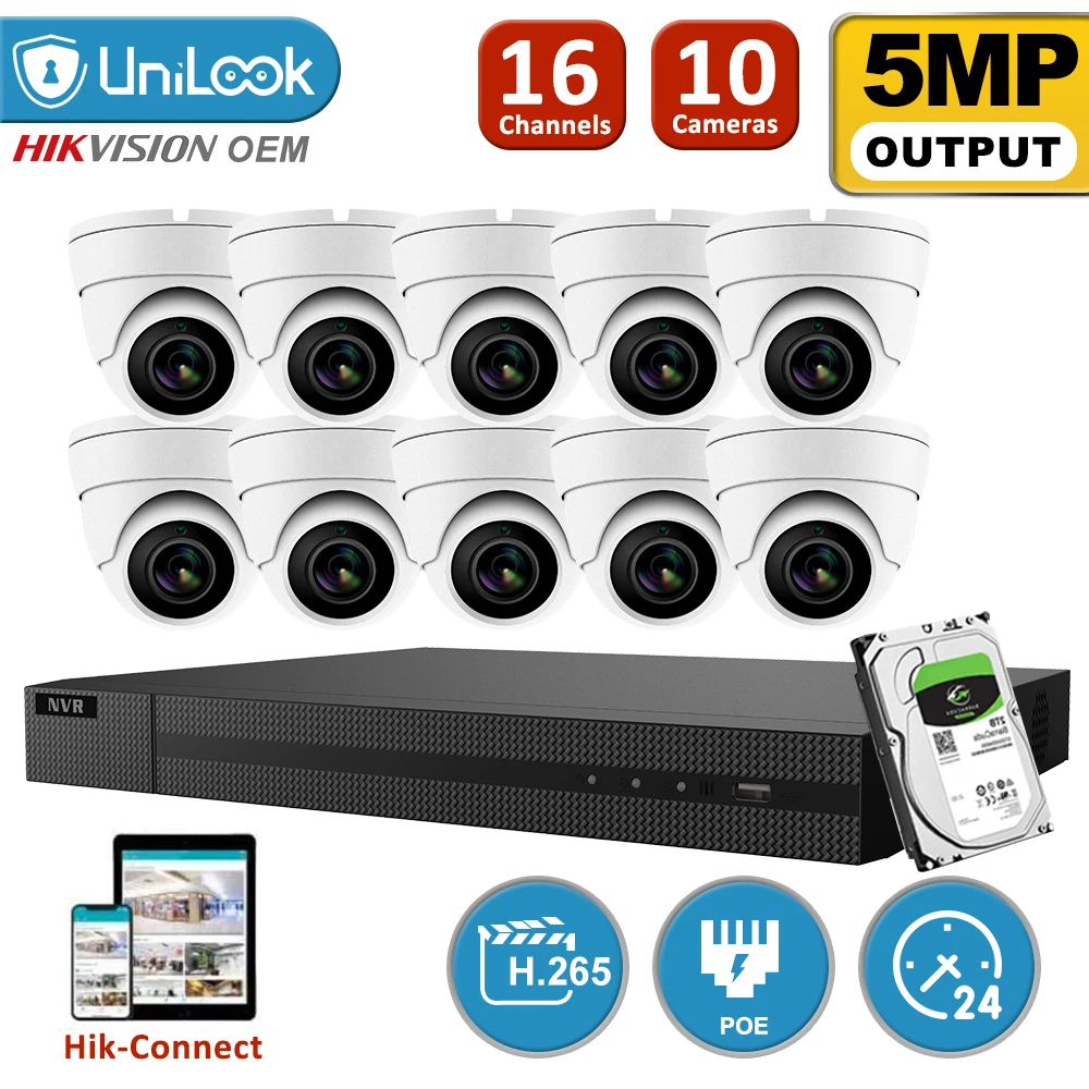 Sistema de Segurança de Detecção de Movimento Unilook Branco Mini Dome Câmeras ip Poe Nvr Kit H.265 Noite Visão P2p Onvif 16ch 10pcs 5mp