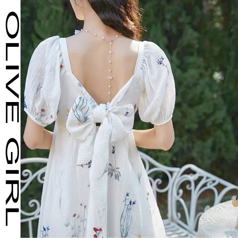 

Women Summer Casual Backless Elegant Dress 2021 Print Sweet Beach Sexy Party Midi Dress Boho Puff Sleeve Korean Fashion Clothing