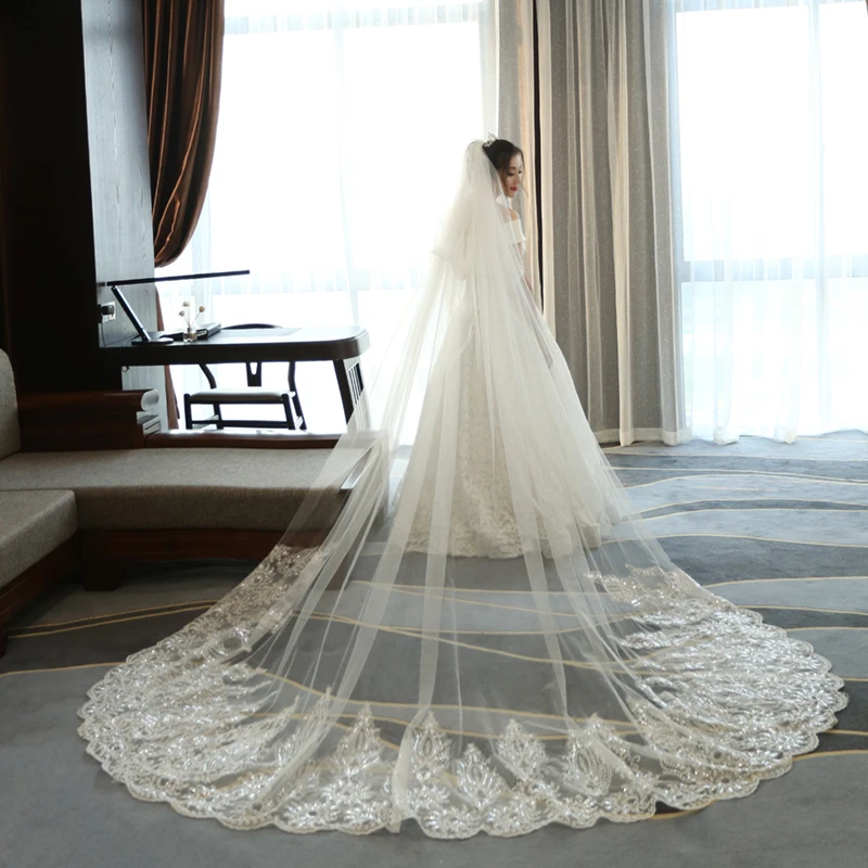 3 Meter White Ivory Cathedral Wedding Veils Long Sequins Lace Edge Veil With Comb Accessories Bride Veu | Свадьбы и торжества