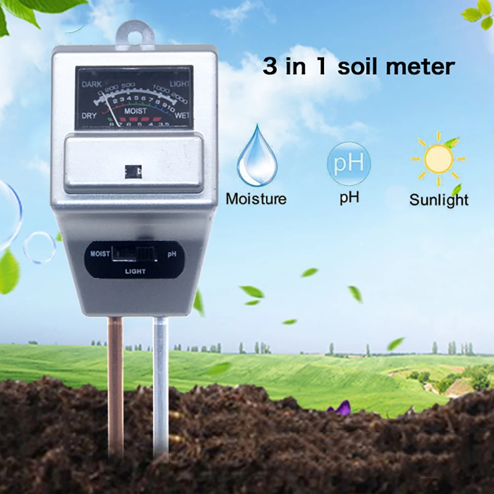 

3 в 1 измеритель влажности почвы, воды, PH, кислотности, солнца, светильник, тестирование PH садовых растений, цветов, инструмент для проверки влажности