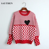 saythen 2021 autumn winter women sweet sweaters geometric heart pattern long sleeve tops lovely pullovers knitted loose jumper