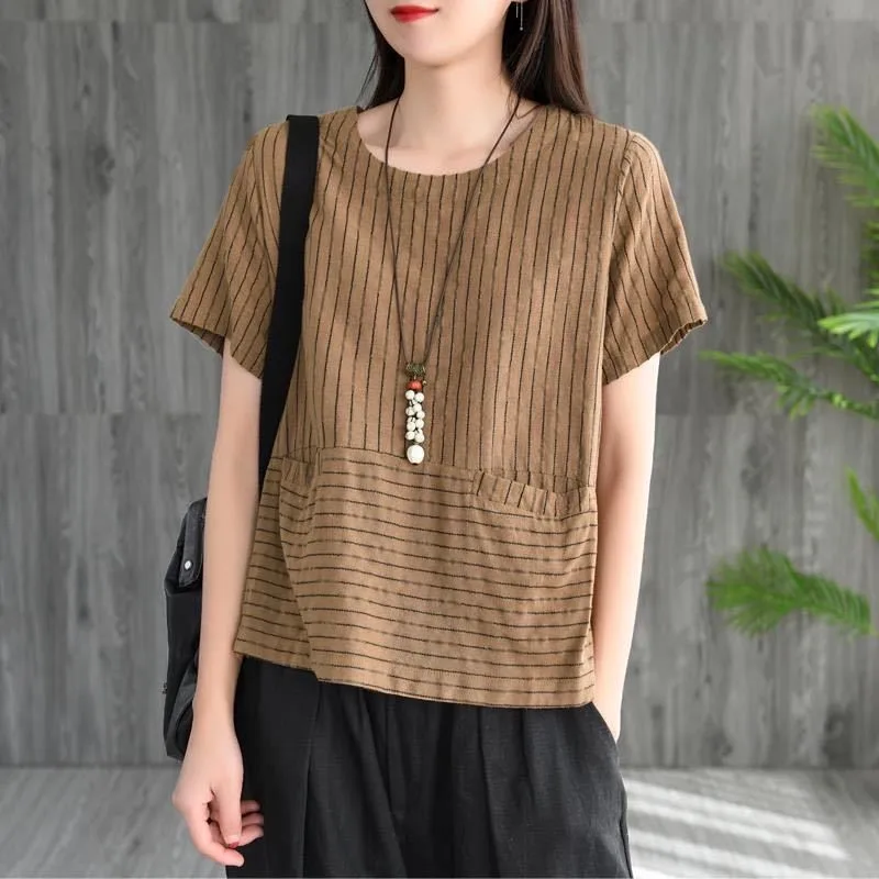 

Oversized Cotton Linen Shirt Women Summer Loose Casual Tops New 2020 Simple Style Vintage Striped Woman Blouses Shirts P1311