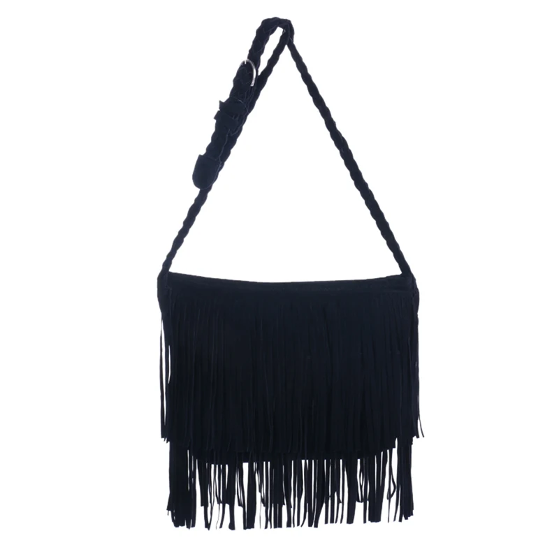 Black Womens Tassle Fringe Faux Suede Shoulder Messenger Crossbody Bag Handbag Purse Black Brown White - Цвет: Black