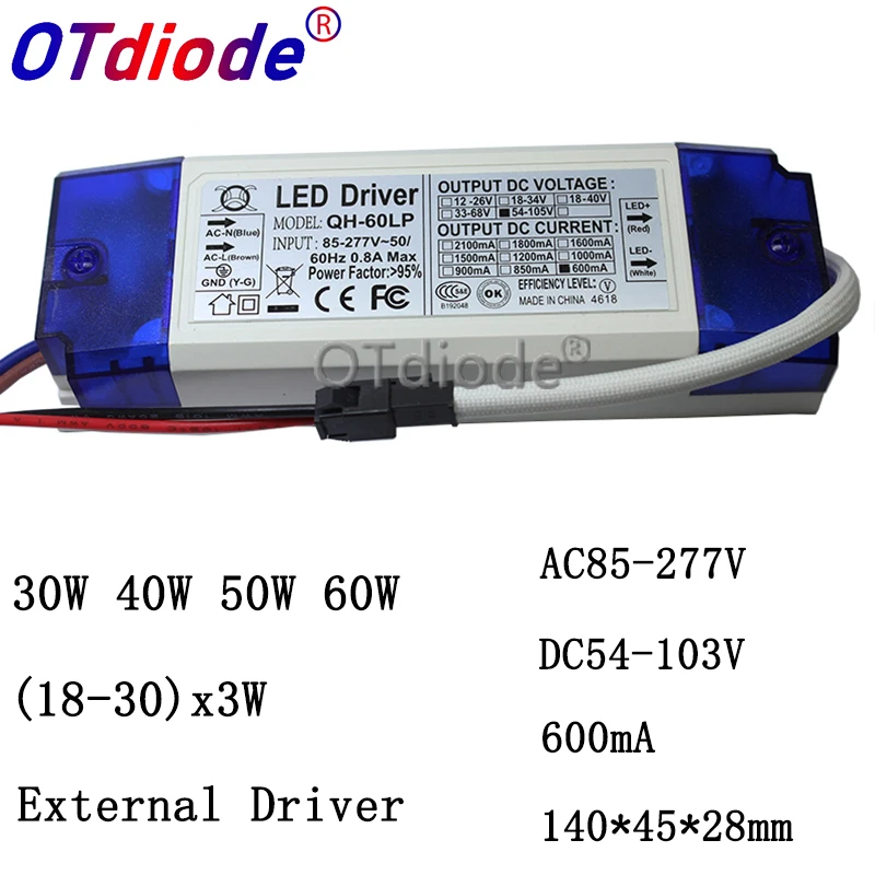 1pcs-10pcs 40W 50W 60W 600mA LED Driver Constant Current 18-30x3W DC54-105V Lighting Transformers For Floodlight Power Supply