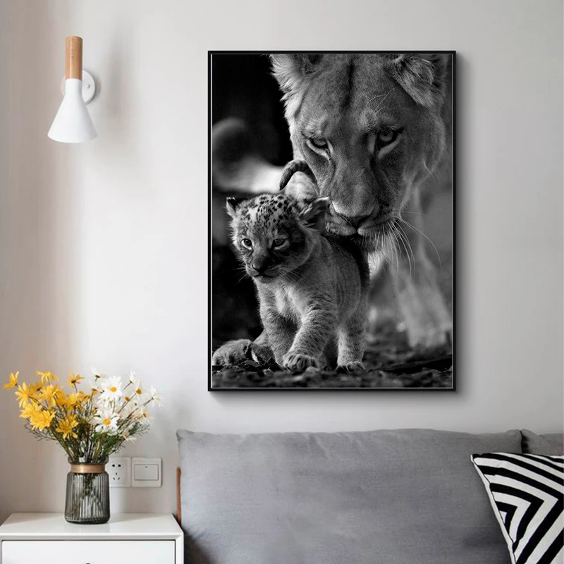 Lioness and Cub черно белая Картина на холсте постеры и принты Скандинавская картина