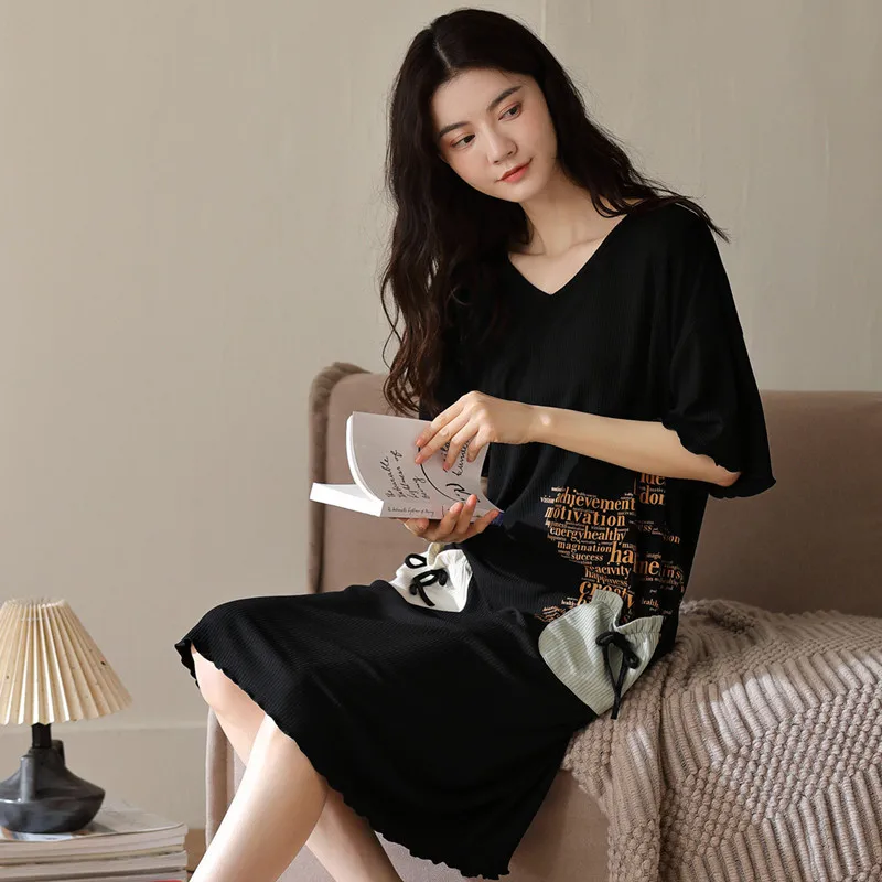 Modal Nightdress Women's Summer Nightwear Short Sleeve Simple Loose Casual Thin Nightgown Size Household Clothes Lady Sleepwear