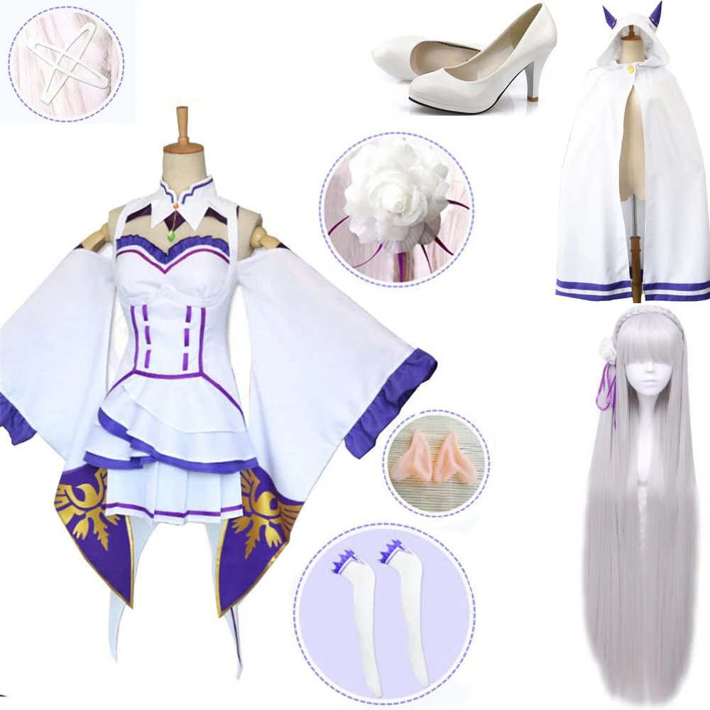 Re Zero Hajimeru Isekai Seikatsu Emilia парики костюмы для косплея женское платье с головным