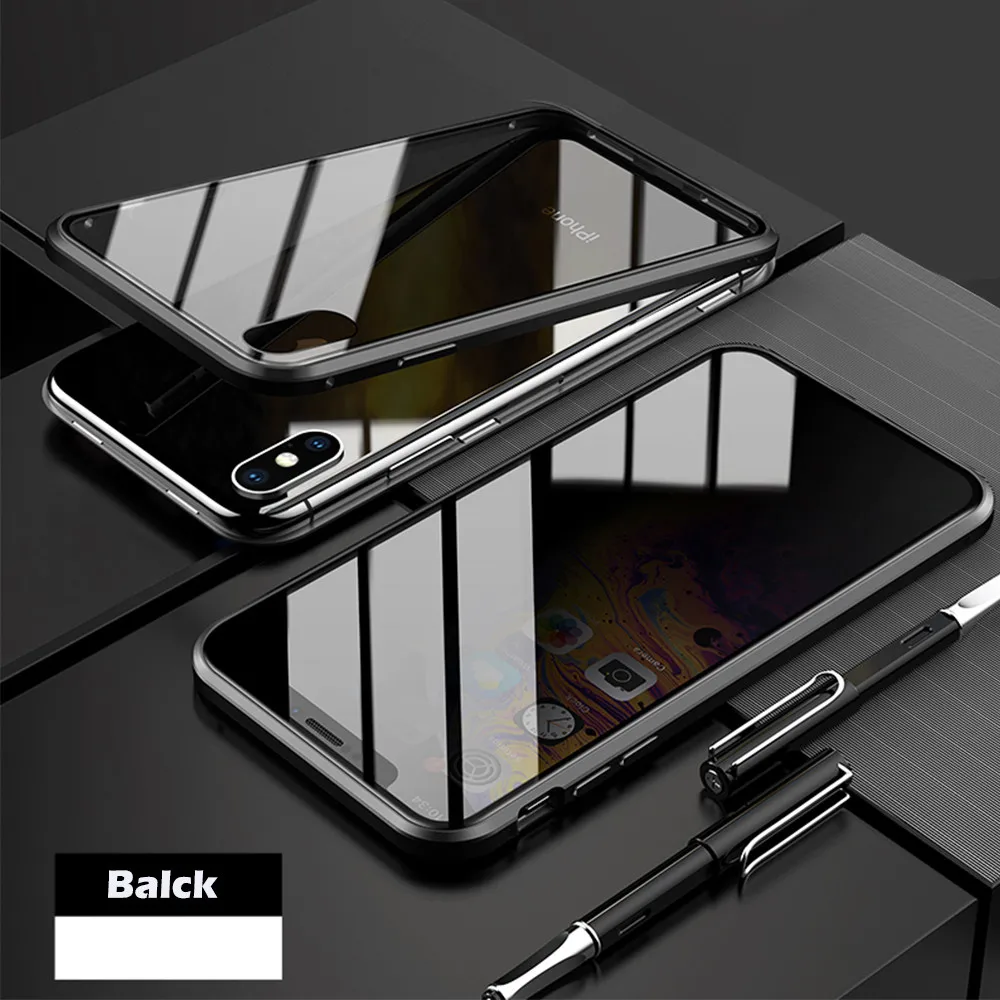 Черный Магнитный чехол для iPhone X XS MAX XR 7 8 Plus адсорбционный металлический чехол для мобильного телефона защитный чехол из закаленного стекла - Цвет: Черный