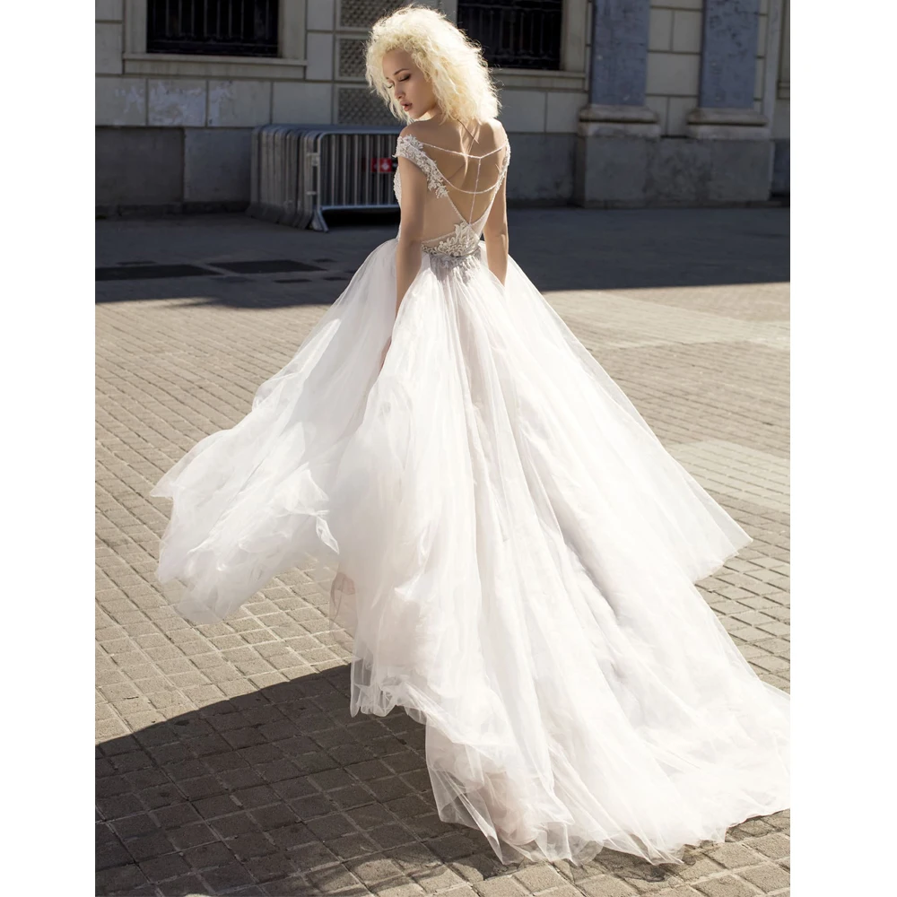 

Vestidos Charming Wedding Dresses Organza Illusion Appliques Bateau Sleeveless Backless Ball Bridal Gowns