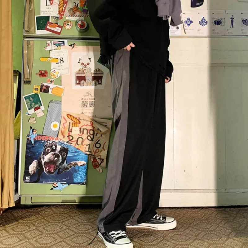

Men's Color Matching Casual Pants Korean Fashion Loose Harajuku Street Stitching Beam Pants Men Elastic Waist Straight-leg Pants
