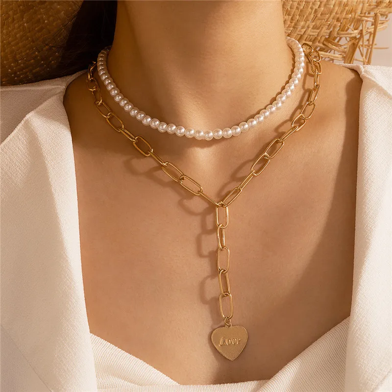 

Vintage Love Heart Pearl Pendant Necklace For Women Gold Color Party Wedding Link Chains Necklace Jewelry Gift