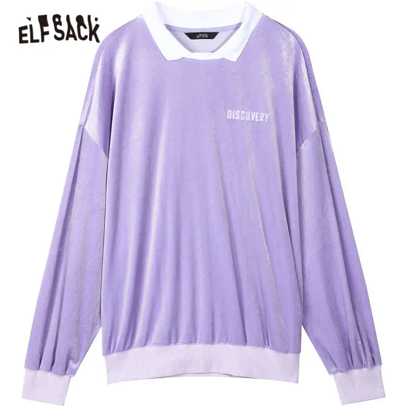 

ELFSACK Harajuku Purple Letter Print Casual Velvet T-Shirts Women,2020 Autumn ELF Pure Full Sleeve Korean Ladies Daily Basic Top