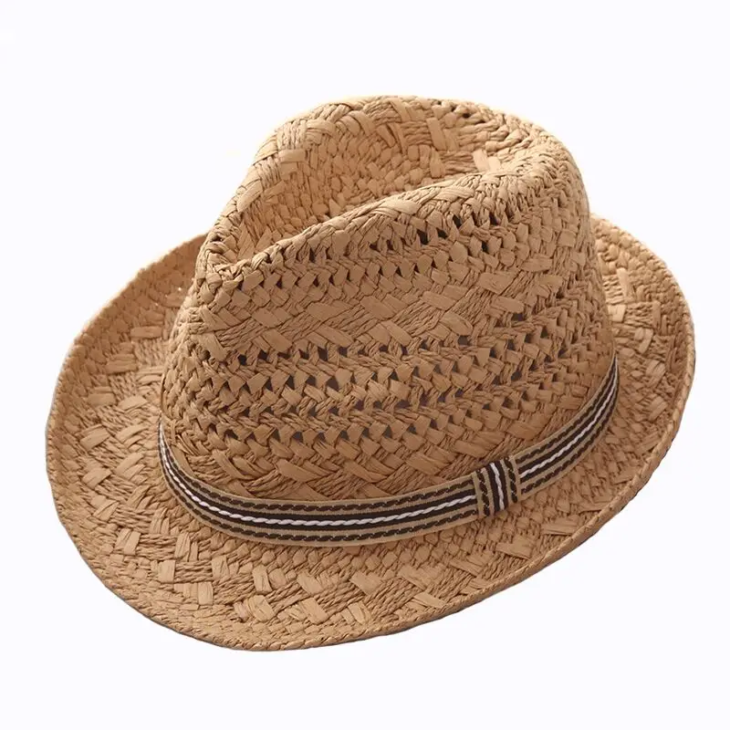 

Women Summer Raffia straw Sun hat Fashion Handwork Boho Beach Fedora hat Sunhat Trilby Men Panama Hat Gangster Cap