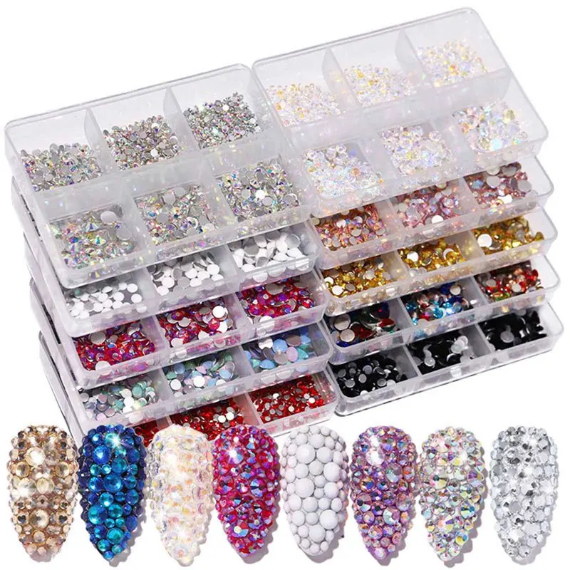 

1 Box Crystal Nail Art Rhinestone Gold Silver Clear All Color Flat Bottom Mixed Shape DIY Nail Art 3D Decoration In 6cell pot